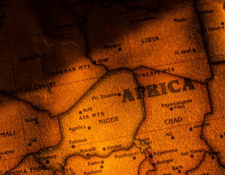 An antique map of Africa showing Niger, Chad and Mali